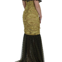Yellow Black Floral Lace Ricamo Gown Dress