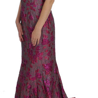 Pink Floral Brocade Sheath Gown Dress