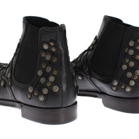 Black Leather Gold Studded Shoes Boots