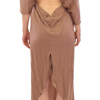 Brown Draped Silk Sheath Shift Coctail Dress