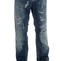 Blue Wash Torn Denim Cotton Regular Fit Jeans