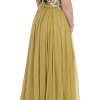 Yellow Silk Crystal Applique Shift Dress