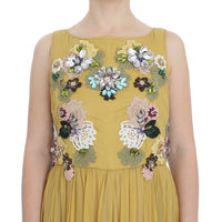 Yellow Silk Crystal Applique Shift Dress