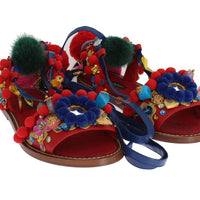 Pom Pom Leather Crystal Sandals