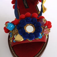 Pom Pom Leather Crystal Sandals