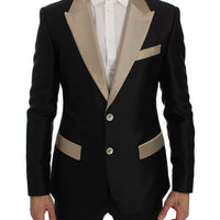 Black Beige Silk Slim Blazer Jacket