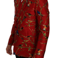 Red Bird Print Silk Slim Fit Blazer Jacket