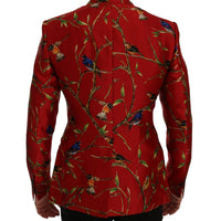 Red Bird Print Silk Slim Fit Blazer Jacket