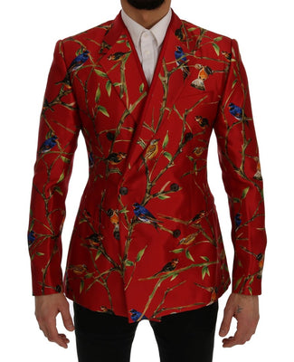 Red Bird Print Silk Slim Fit Blazer Jacket