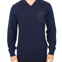 Blue Wool Blend V-neck Pullover Sweater