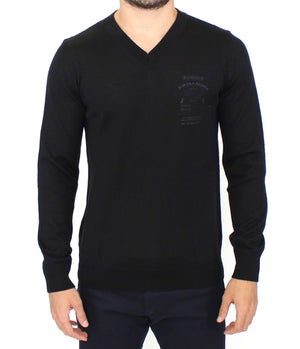 Black Wool Blend V-neck Pullover Sweater