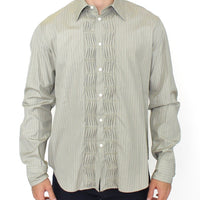 Green Striped Cotton Casual Long Sleeve Shirt