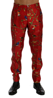 Red Silk Bird Print Dress Pants