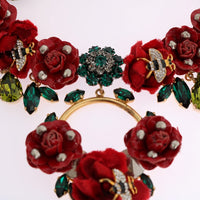 Gold Brass Roses Floral Crystal Necklace