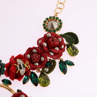 Gold Brass Roses Floral Crystal Necklace