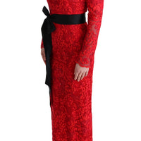 Red Floral Ricamo Sheath Long Dress