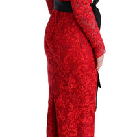 Red Floral Ricamo Sheath Long Dress