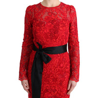 Red Floral Ricamo Sheath Long Dress