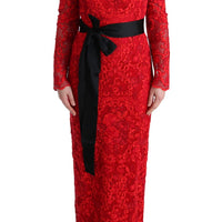 Red Floral Ricamo Sheath Long Dress