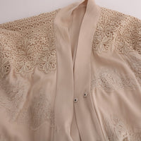 Beige Floral Applique Lace Kaftan Dress