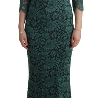 Green Floral Crystal Ricamo Sheath Dress