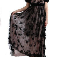 Black Pink Silk Applique Shift Dress