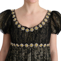 Black Yellow Crystal Lace Shift Dress