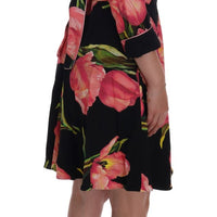 Black Pink Tulip Print Stretch Shift Dress