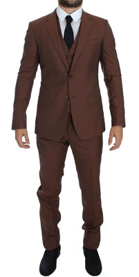 Brown Silk Wool 3 Piece Slim Fit Suit