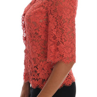 Orange Crystal Buttons Floral Lace Blouse