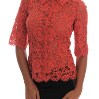 Orange Crystal Buttons Floral Lace Blouse