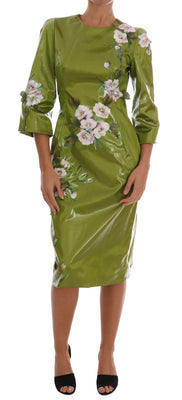 Green Pink Roses Print Sheath Dress