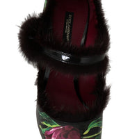 Black Leather Purple Tulip Mink Fur Pumps