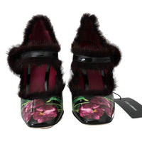 Black Leather Purple Tulip Mink Fur Pumps