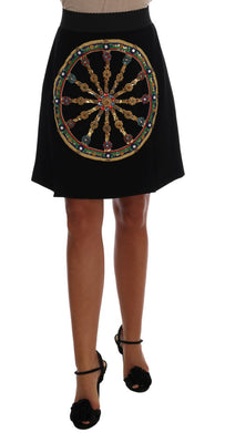 Black Embellished Wheel Wool Crepe Mini Skirt