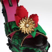 Green Brocade Snakeskin Roses Crystal Shoes