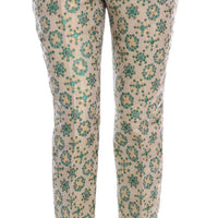 Green Beige Floral Brocade Pants