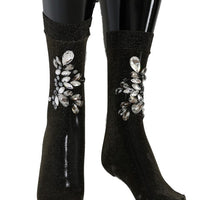 Black Stretch Floral Clear Crystal Socks