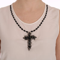 White Silk Black Crystal Cross Blouse