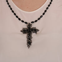 White Silk Black Crystal Cross Blouse