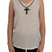 White Silk Black Crystal Cross Blouse