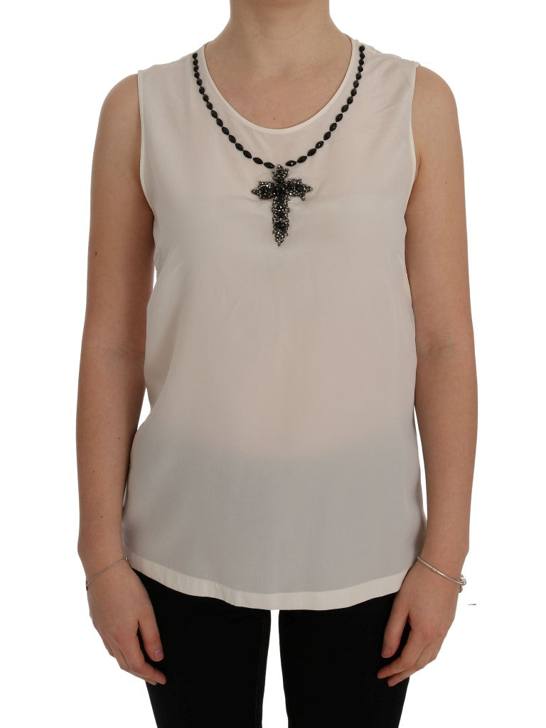 White Silk Black Crystal Cross Blouse