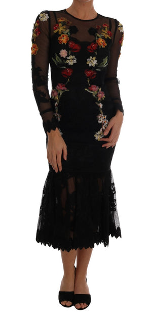 Black Floral Appliqué A-line Dress