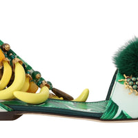 Multicolor Banana Leafs Crystal Fur Sandals