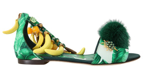 Multicolor Banana Leafs Crystal Fur Sandals