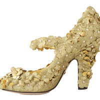 Gold Floral Crystal Mary Janes Pumps