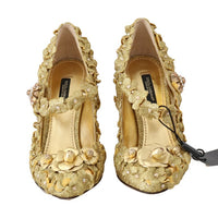 Gold Floral Crystal Mary Janes Pumps