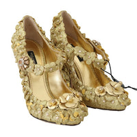 Gold Floral Crystal Mary Janes Pumps