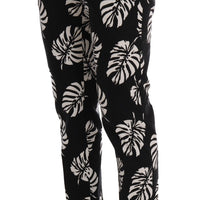 White Black Leaf Cotton Stretch Slim Pants