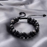 2 Layer 8mm Stone Bead Bracelet for Men Handmade Adjustable Size (Black Onyx & Labradorite) - Hull Hill